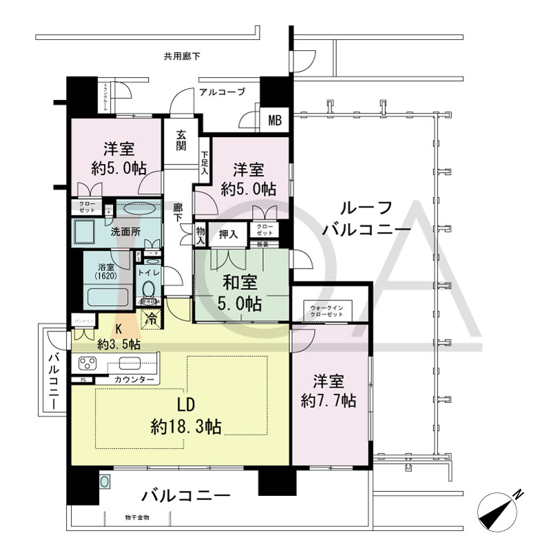 パークグラン西明石の間取り図 南東向き　4LDK
専有面積98.37m2
バルコニー面積22.70m2
ルーフバルコニー面積38.38m2