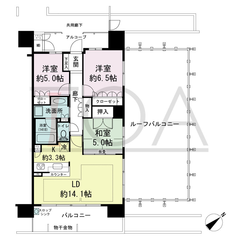 パークグラン西明石の間取り図 南東向き　3LDK
専有面積76.48m2
バルコニー面積13.40m2
ルーフバルコニー面積53.76m2