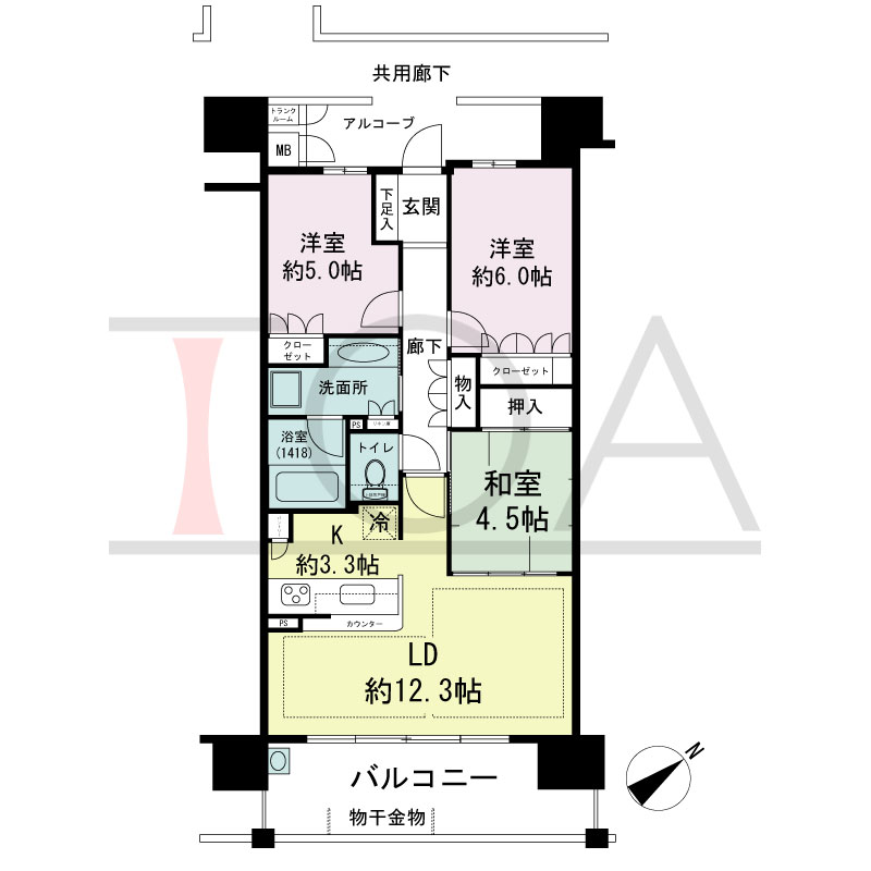 パークグラン西明石の間取り図 南東向き　
3LDK
専有面積71.30m2
バルコニー面積13.34m2