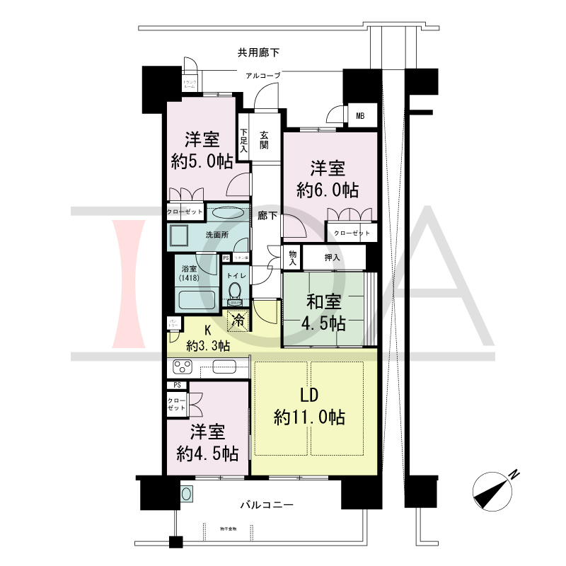 パークグラン西明石の間取り図 南東向き　
4LDK
専有面積77.36m2
バルコニー面積11.86m2