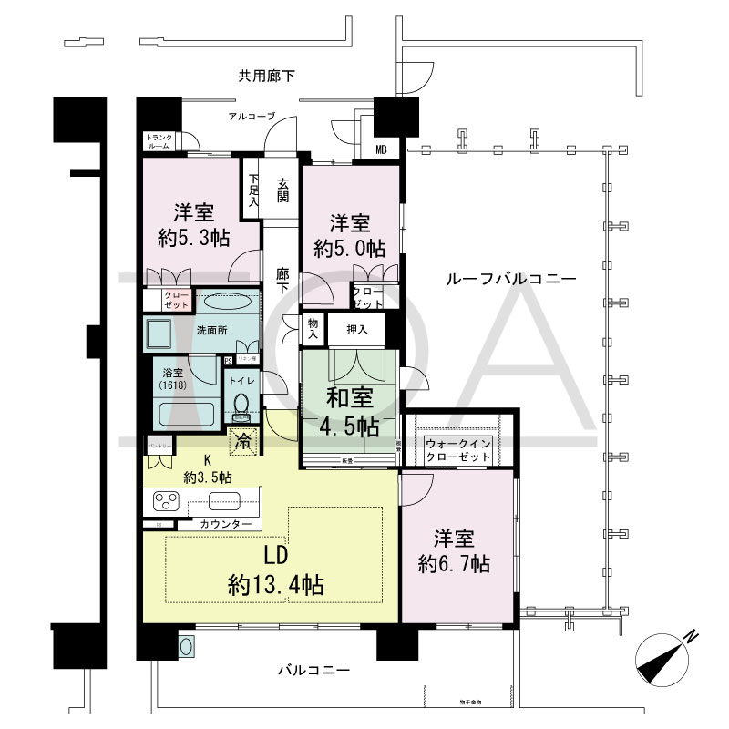 パークグラン西明石の間取り図 南東向き　4LDK
専有面積87.56m2
バルコニー面積17.60m2
ルーフバルコニー面積42.10m2