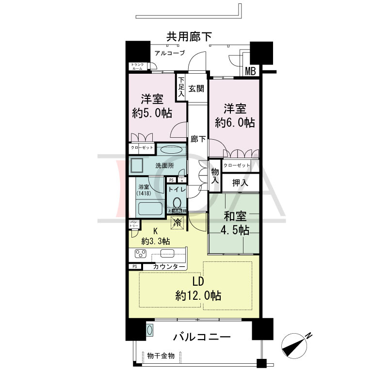 パークグラン西明石の間取り図 南東向き　
3LDK
専有面積71.39m2
バルコニー面積11.80m2