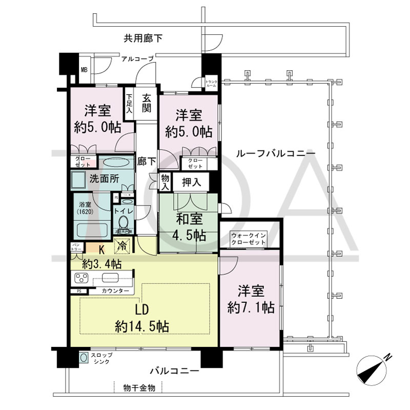パークグラン西明石の間取り図 南東向き　4LDK
専有面積90.39m2
バルコニー面積18.60m2
ルーフバルコニー面積40.01m2