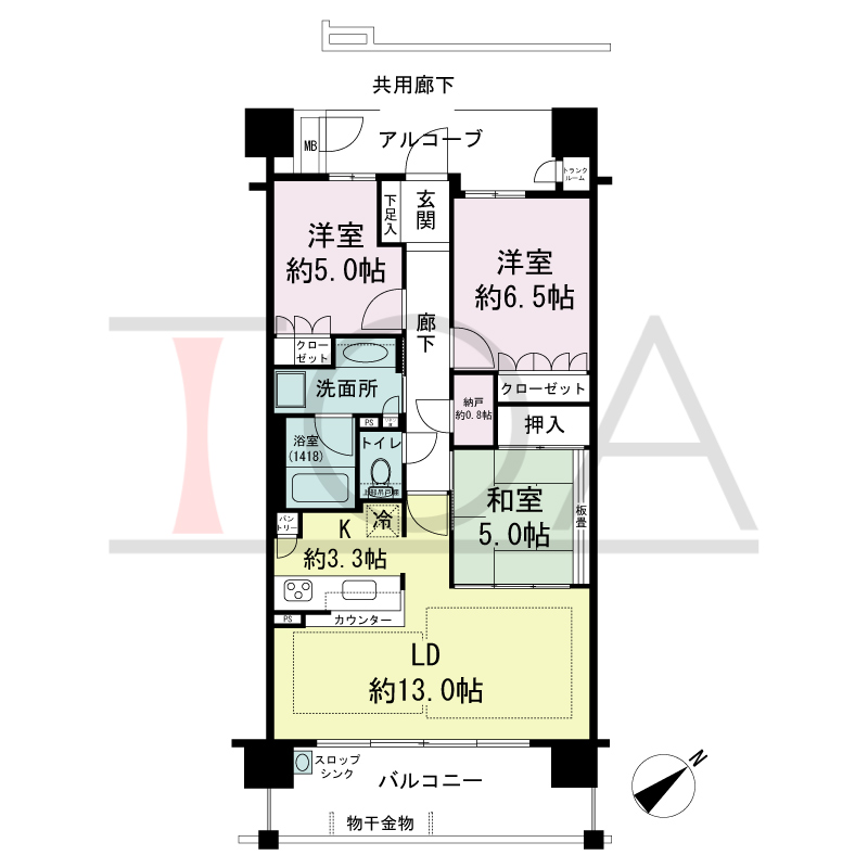 パークグラン西明石の間取り図 南東向き　
3LDK＋N
専有面積74.93m2
バルコニー面積13.20m2