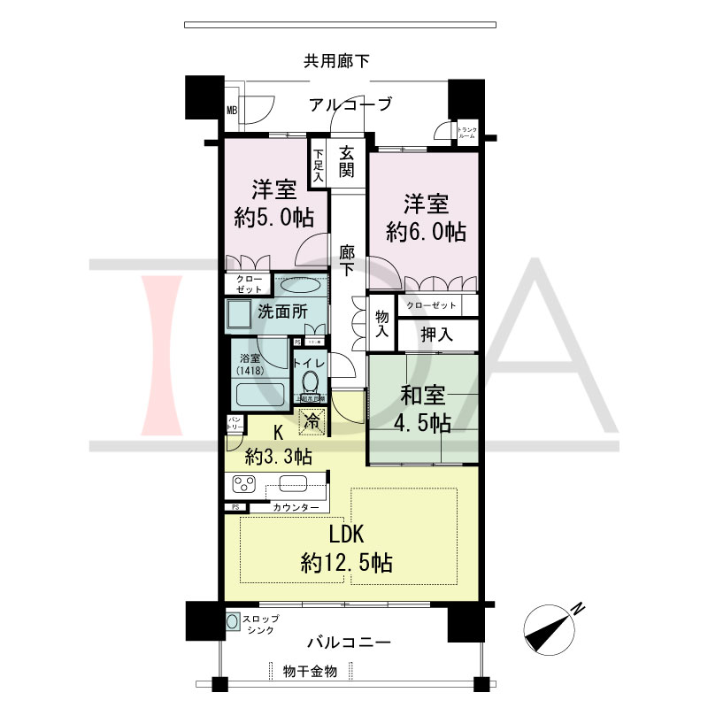 パークグラン西明石の間取り図 南東向き　
3LDK
専有面積71.88m2
バルコニー面積12.70m2
