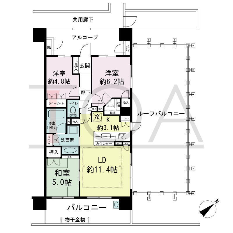 パークグラン西明石の間取り図 南東向き　3LDK
専有面積70.20m2
バルコニー面積13.00m2
ルーフバルコニー面積48.16m2