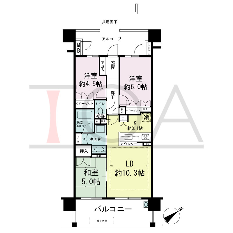 パークグラン西明石の間取り図 南東向き　
3LDK
専有面積64.80m2
バルコニー面積12.00m2