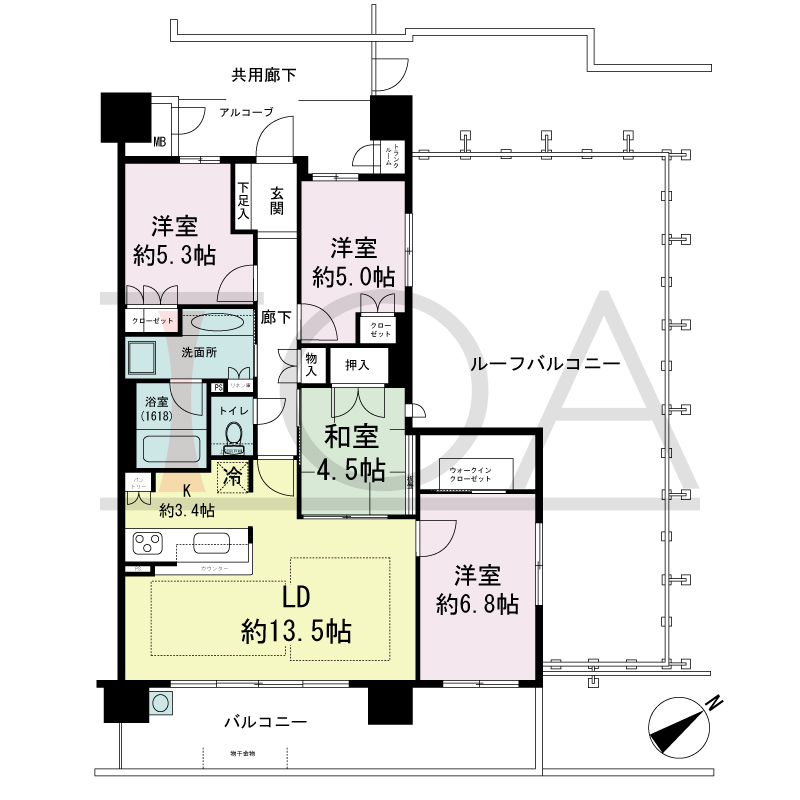 パークグラン西明石の間取り図 南東向き　4LDK
専有面積87.64m2
バルコニー面積18.40m2
ルーフバルコニー面積48.90m2