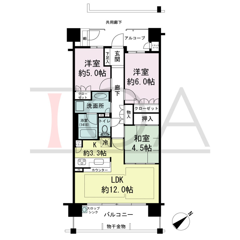 パークグラン西明石の間取り図 南東向き　
3LDK
専有面積71.47m2
バルコニー面積12.60m2