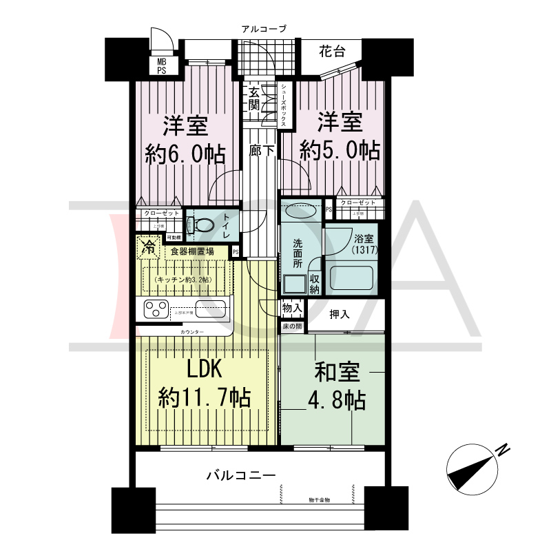 ワコーレウォータービュー垂水の間取り図 南東向き
3LDK
専有面積61.21m2
バルコニー面積12.90m2