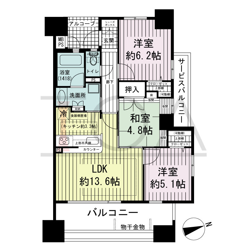 ワコーレウォータービュー垂水の間取り図 南東向き 3LDK
専有面積66.64m2
バルコニー面積13.00m2
サービスバルコニー面積3.69m2