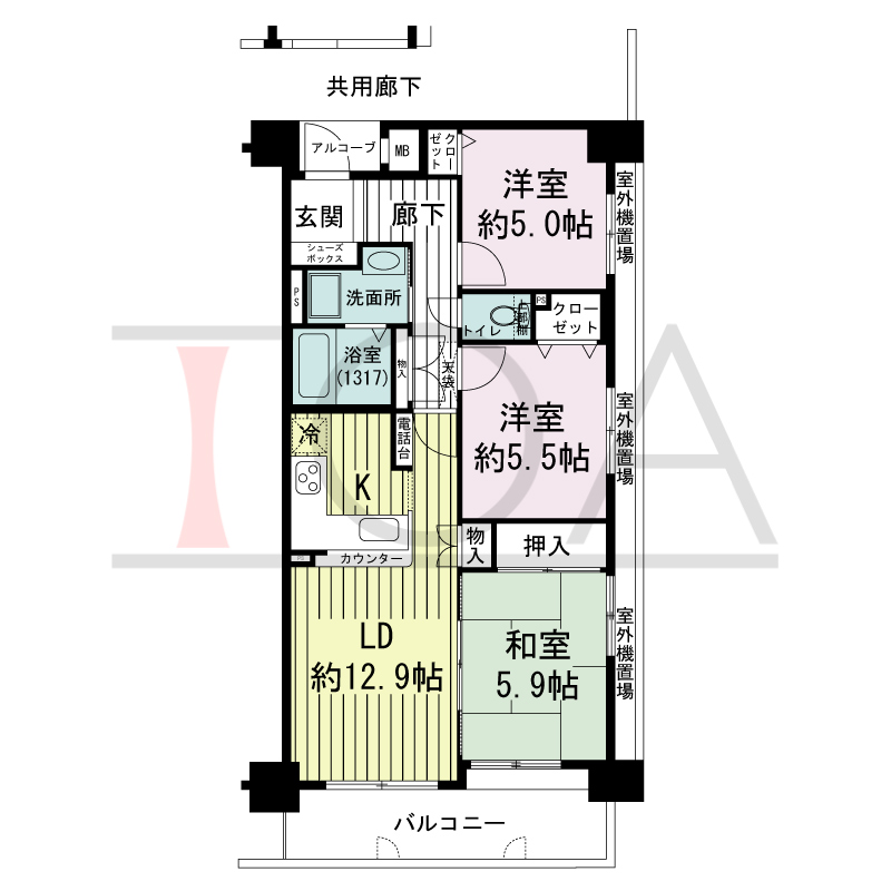 グランプレステージ西明石駅前の間取り図 南東向き
3LDK
専有面積67.13m2
バルコニー面積9.39m2