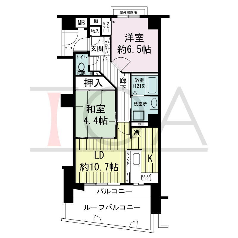 グランプレステージ西明石駅前の間取り図 南東向き 1LDK+F
専有面積54.13m2
バルコニー面積2.72m2
ルーフバルコニー面積10.78m2