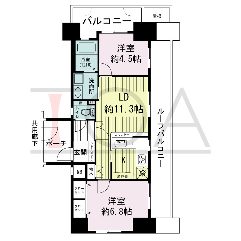 グランプレステージ西明石駅前の間取り図 南東向き 2LDK
専有面積50.02m2
バルコニー面積6.57m2
ルーフバルコニー面積12.12m2
