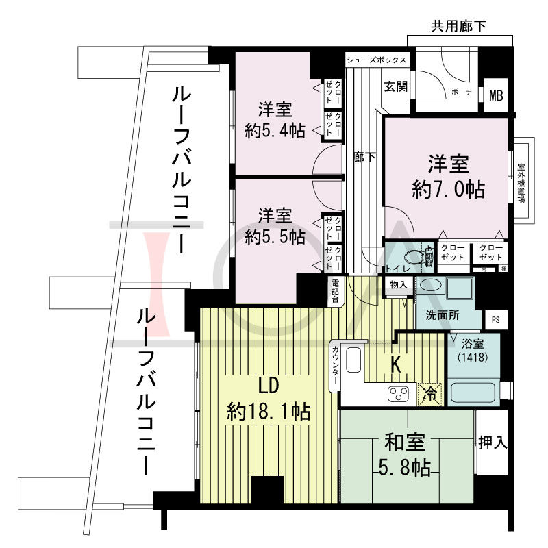 グランプレステージ西明石駅前の間取り図 南東向き 3LDK+F
専有面積91.43m2
バルコニー面積8.66m2
ルーフバルコニー面積23.88m2