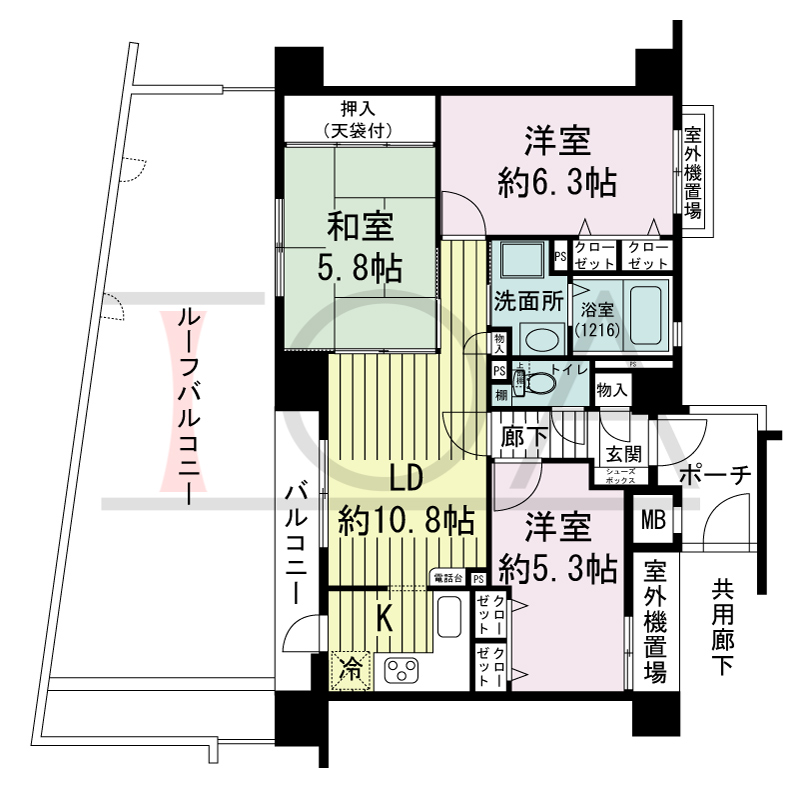グランプレステージ西明石駅前の間取り図 南東向き 2LDK+F
専有面積62.76m2
バルコニー面積11.11m2
ルーフバルコニー面積29.93m2