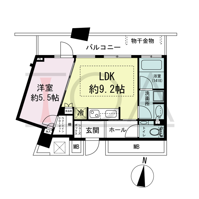 ザ・タワー大阪の間取り図 北向き角 1LDK 専有面積38.55m2
バルコニー面積10.21m2