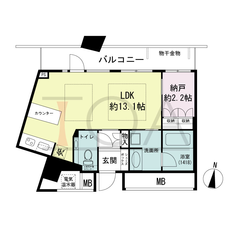 ザ・タワー大阪の間取り図 北向き角 1ROOM+DEN 専有面積38.55m2
バルコニー面積10.21m2