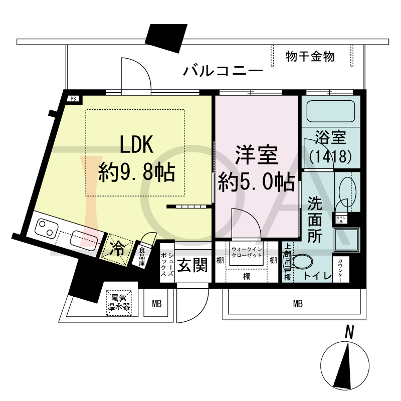 ザ・タワー大阪の間取り図 北向き角 1LDK 専有面積38.55m2
バルコニー面積10.21m2