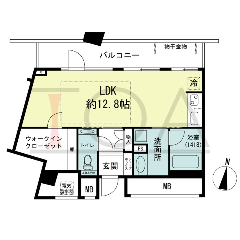 ザ・タワー大阪の間取り図 北向き角 1ROOM 専有面積38.55m2
バルコニー面積10.21m2
※キッチンに食器洗い乾燥機なし