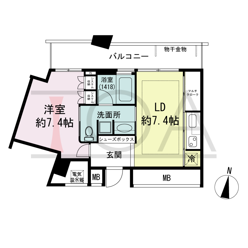 ザ・タワー大阪の間取り図 北向き角 1LDK 専有面積40.76m2
バルコニー面積10.35m2