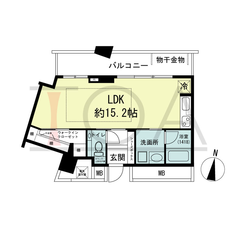 ザ・タワー大阪の間取り図 北向き角 1ROOM 専有面積40.76m2
バルコニー面積10.35m2