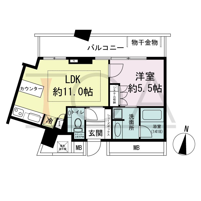 ザ・タワー大阪の間取り図 北向き角 1LDK 専有面積40.76m2
バルコニー面積10.35m2