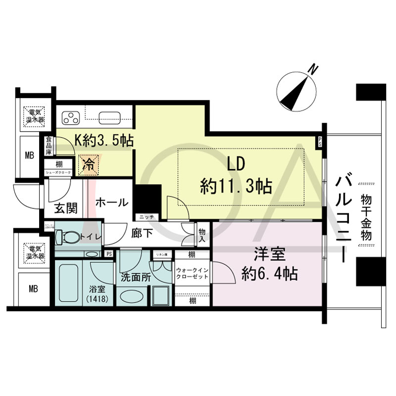 ザ・タワー大阪の間取り図 北東向き 1LDK 専有面積55.11m2
バルコニー面積9.28m2
※18から40階のバルコニー面積9.34m2