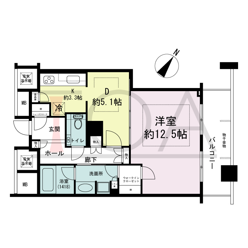 ザ・タワー大阪の間取り図 北東向き 1LDK 専有面積55.11m2
バルコニー面積9.28m2
※18から40階のバルコニー面積9.34m2