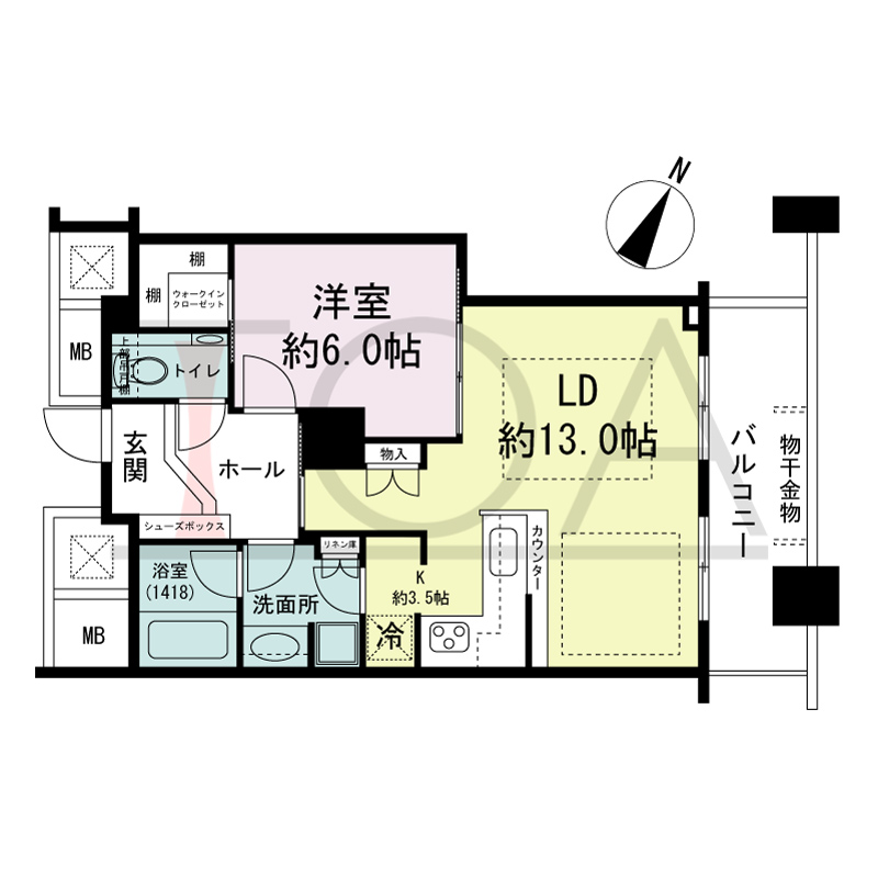 ザ・タワー大阪の間取り図 北東向き 1LDK 専有面積55.11m2
バルコニー面積9.34m2
※18から40階のバルコニー面積9.34m2