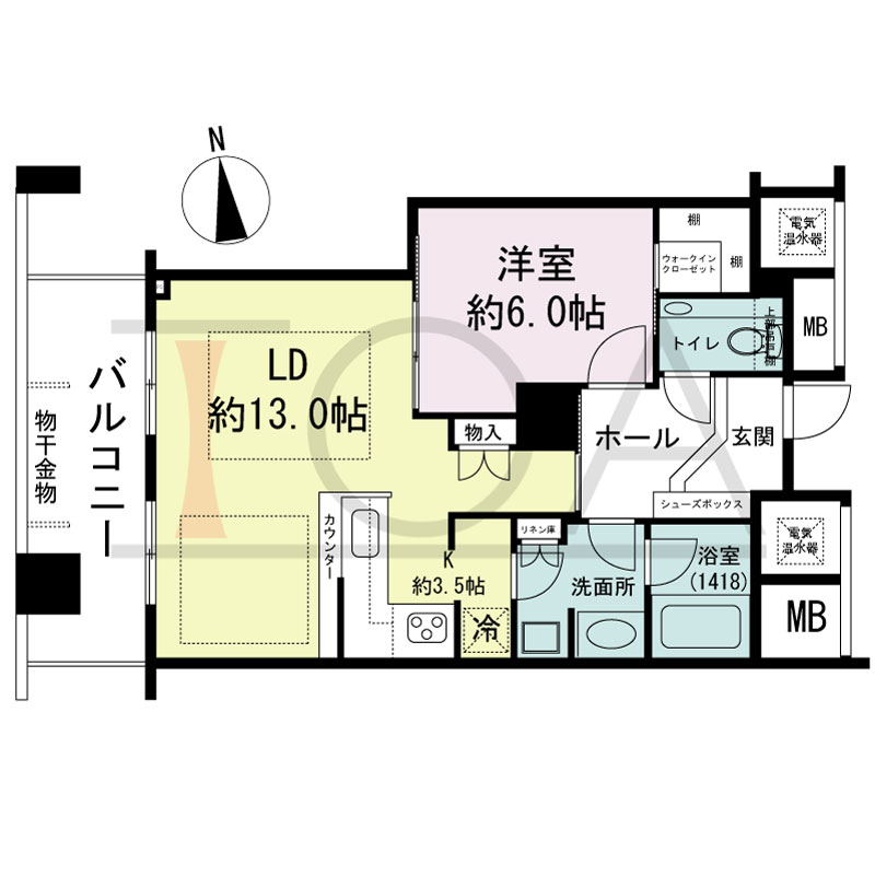 ザ・タワー大阪の間取り図 西向き 1LDK 専有面積55.11m2
バルコニー面積9.34m2
※18から29・32から40階のバルコニー面積9.34m2