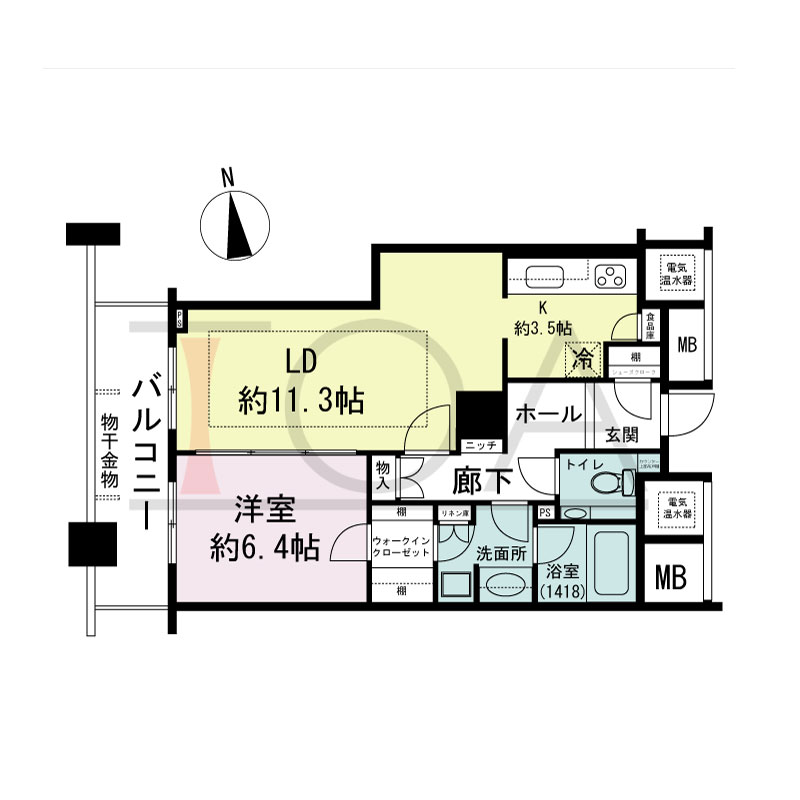ザ・タワー大阪の間取り図 西向き 1LDK 専有面積55.11m2
バルコニー面積9.28m2
※18から29・32から40階のバルコニー面積9.34m2