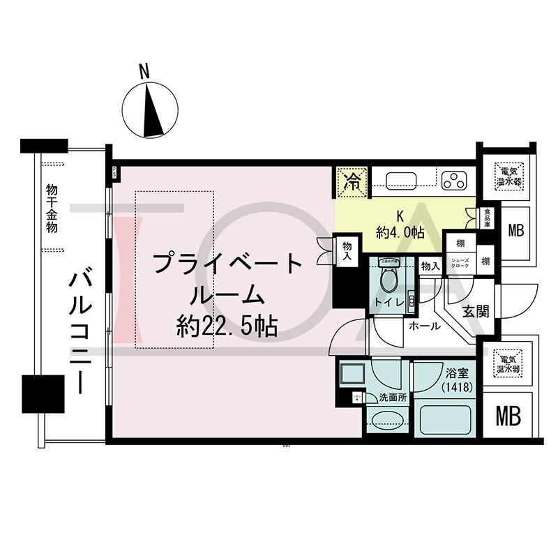ザ・タワー大阪の間取り図 西向き 1K 専有面積58.01m2
バルコニー面積11.26m2