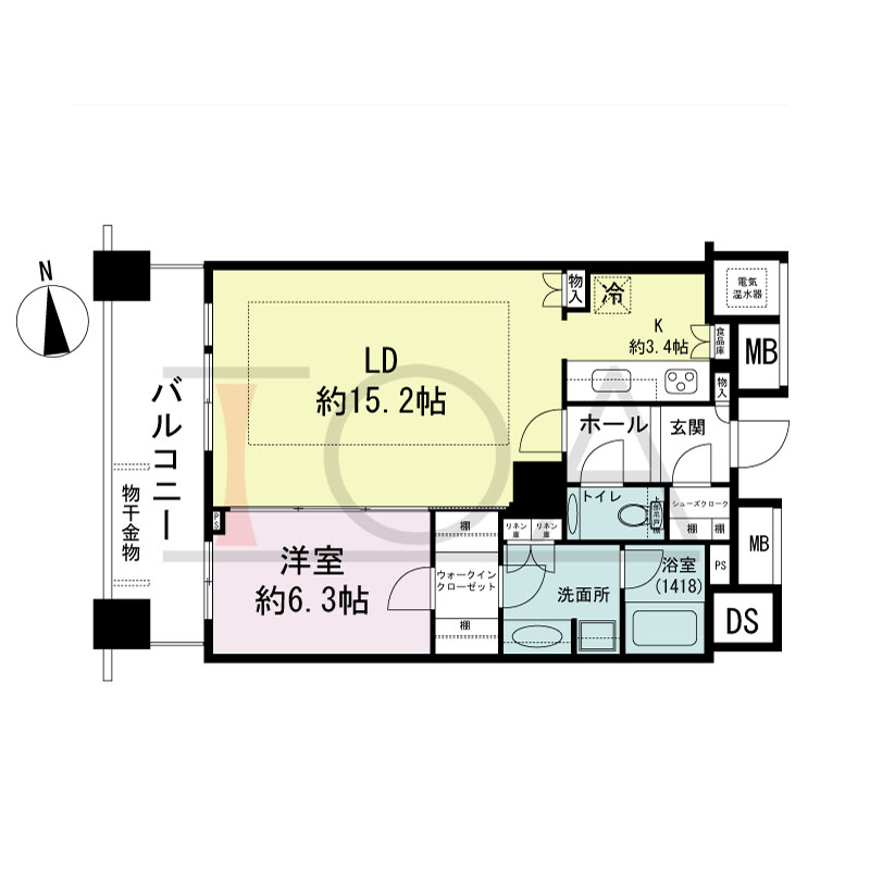ザ・タワー大阪の間取り図 西向き 1LDK 専有面積61.18m2
バルコニー面積10.85m2