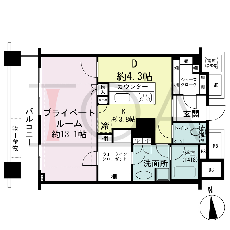 ザ・タワー大阪の間取り図 西向き 1LDK 専有面積61.18m2
バルコニー面積10.85m2