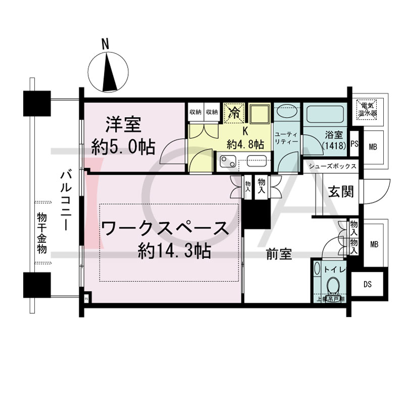 ザ・タワー大阪の間取り図 西向き 1K+ﾜｰｸｽﾍﾟｰｽ+前室 専有面積61.18m2
バルコニー面積10.85m2