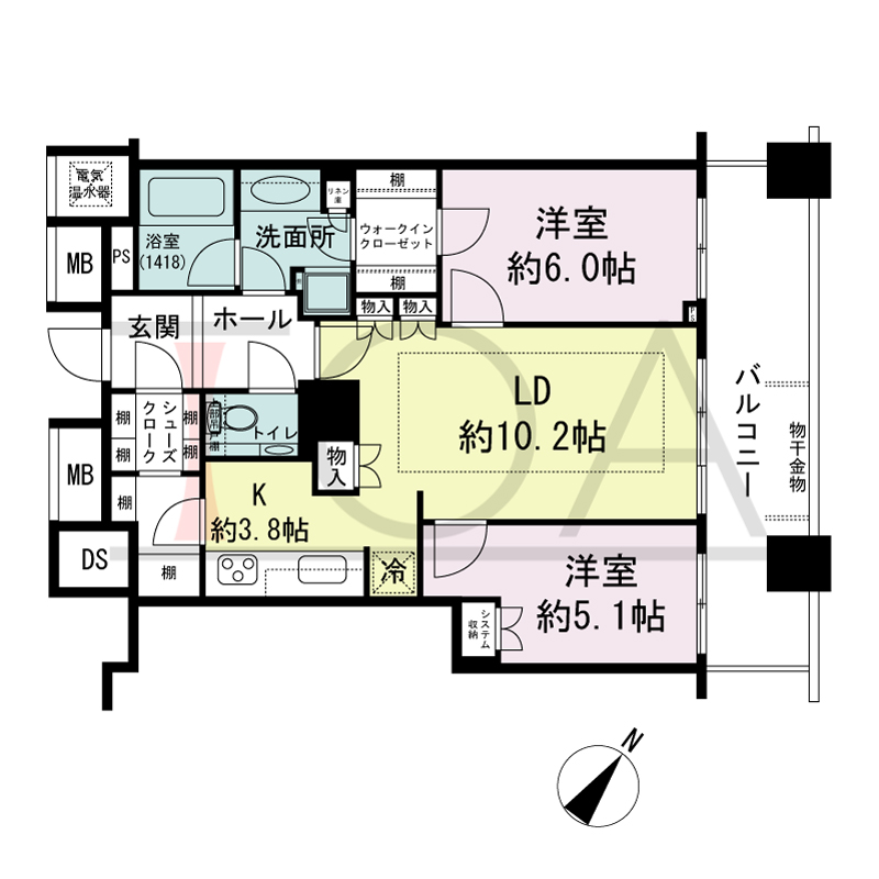 ザ・タワー大阪の間取り図 北東向き 2LDK+S 専有面積64.08m2
バルコニー面積12.85m2