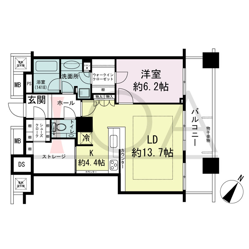 ザ・タワー大阪の間取り図 北東向き 1LDK+S 専有面積64.08m2
バルコニー面積12.85m2
