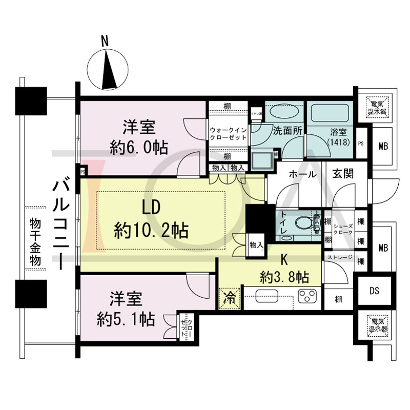 ザ・タワー大阪の間取り図 西向き 2LDK+S 専有面積64.08m2
バルコニー面積12.85m2