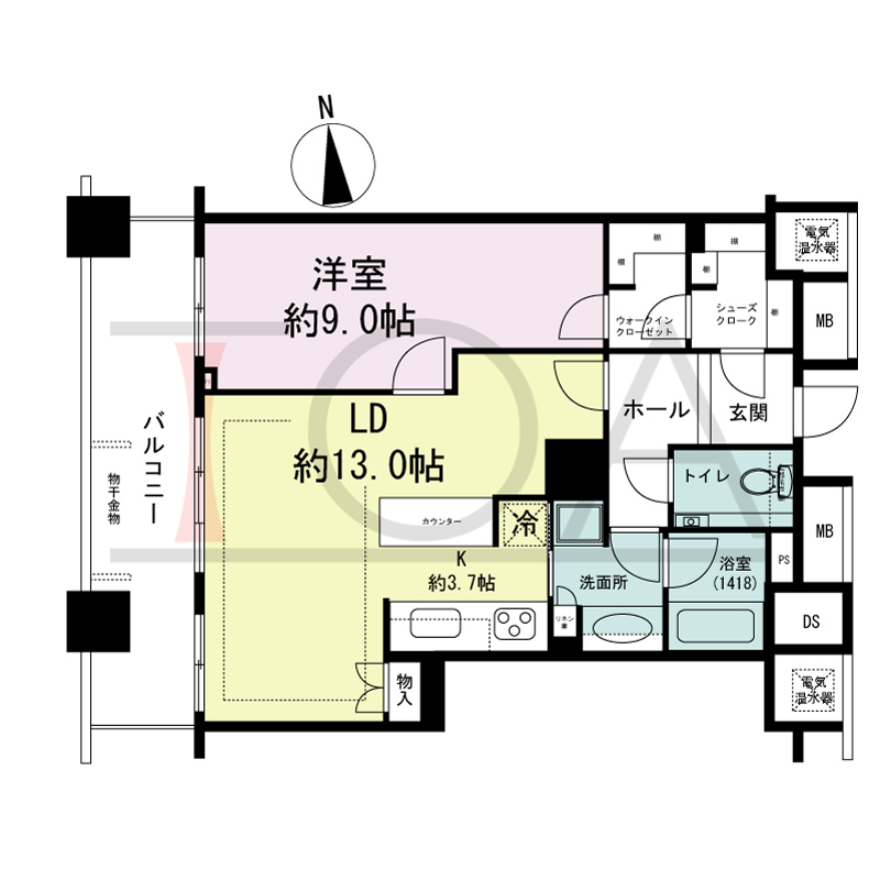 ザ・タワー大阪の間取り図 西向き 1LDK 専有面積64.08m2
バルコニー面積12.85m2