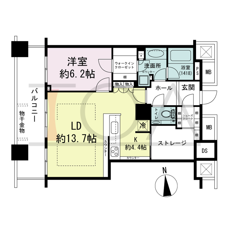 ザ・タワー大阪の間取り図 西向き 1LDK+S 専有面積64.08m2
バルコニー面積12.85m2
