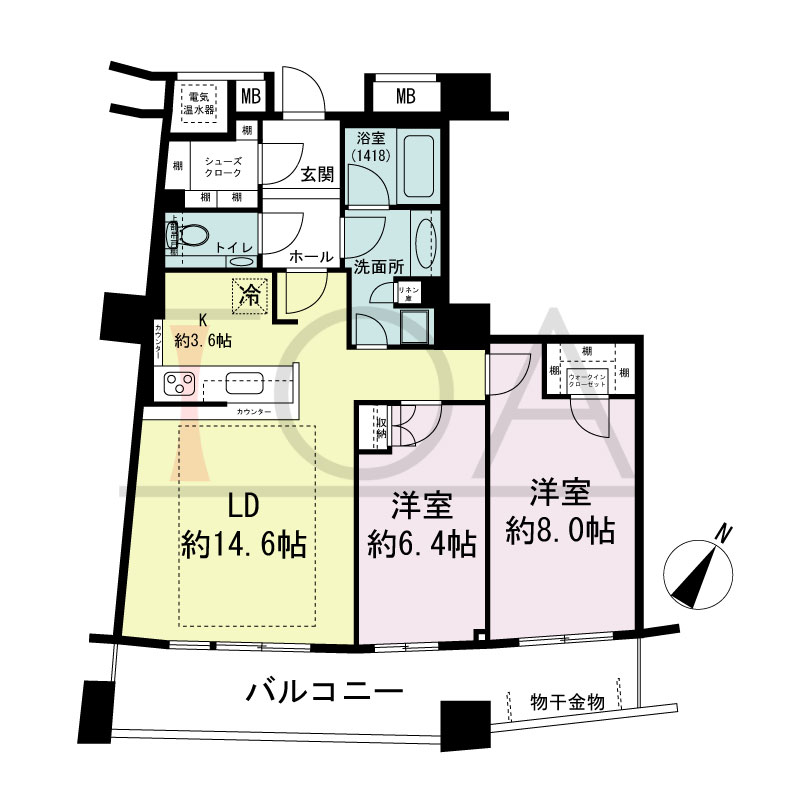 ザ・タワー大阪の間取り図 南東向き 2LDK 専有面積73.25m2
バルコニー面積15.13m2
※31から40階のバルコニー面積15.31m2