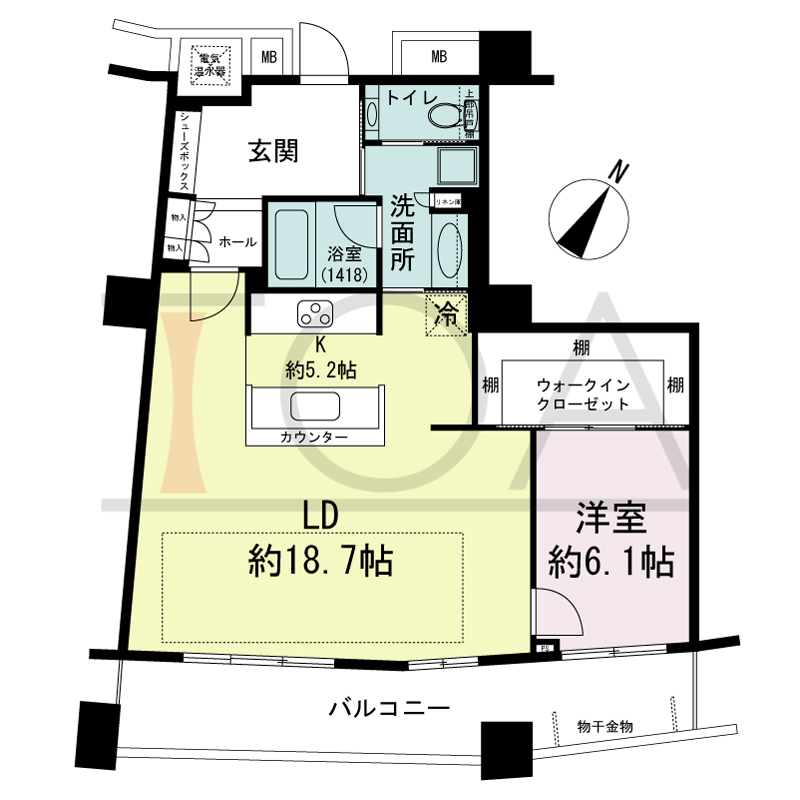 ザ・タワー大阪の間取り図 南東向き 1LDK 専有面積73.25m2
バルコニー面積15.13m2
※31から40階のバルコニー面積15.31m2