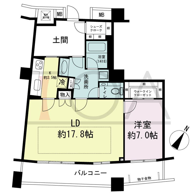 ザ・タワー大阪の間取り図 南東向き 1LD・K+土間 専有面積73.25m2
バルコニー面積15.13m2
※31から40階のバルコニー面積15.31m2