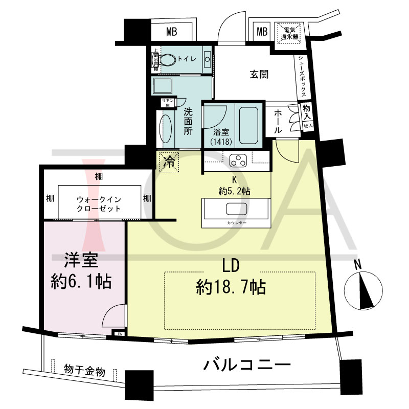 ザ・タワー大阪の間取り図 南向き 1LDK 専有面積73.25m2
バルコニー面積15.13m2
※32から40階のバルコニー面積15.31m2
