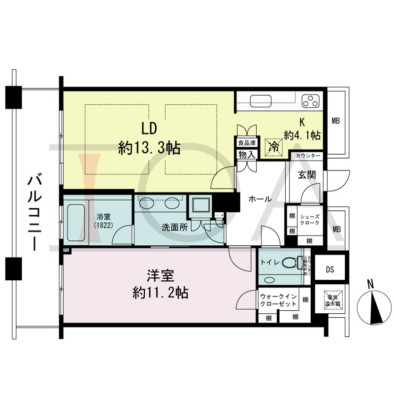 ザ・タワー大阪の間取り図 西向き 1LDK 専有面積74.31m2
バルコニー面積13.74m2