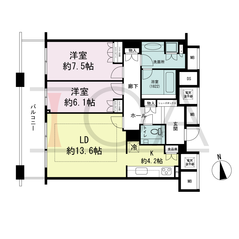 ザ・タワー大阪の間取り図 西向き 2LDK 専有面積80.18m2
バルコニー面積14.93m2