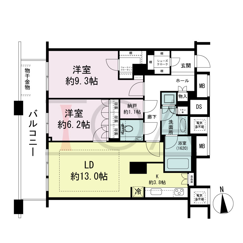 ザ・タワー大阪の間取り図 西向き 2LDK+N 専有面積82.35m2
バルコニー面積14.14m2