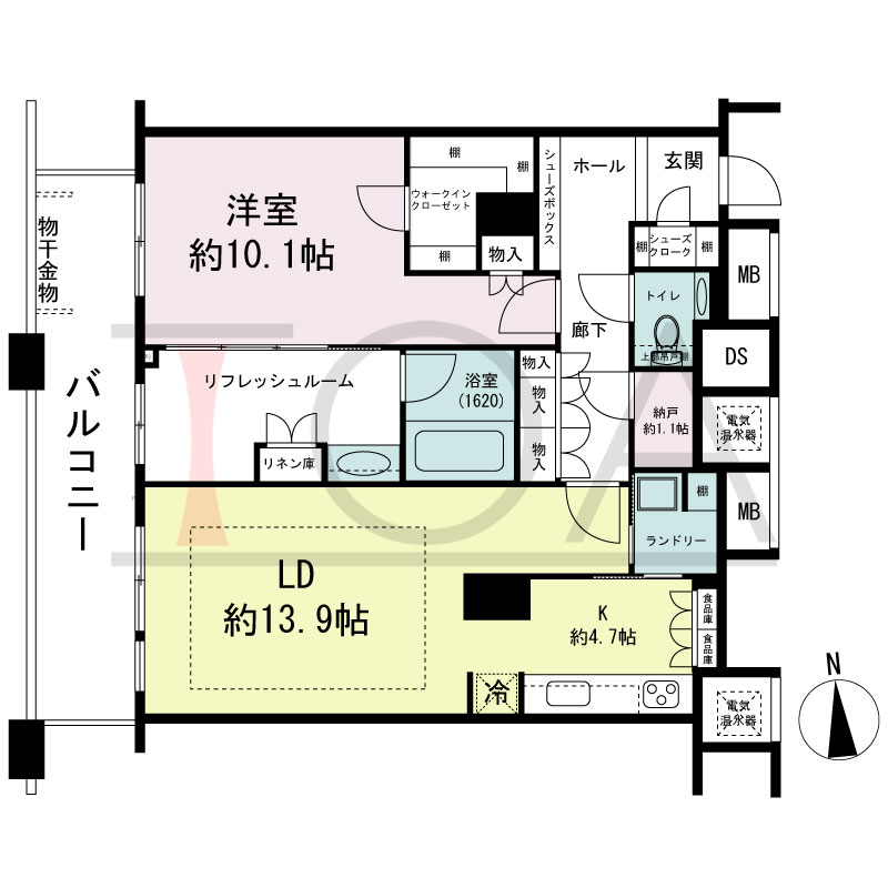 ザ・タワー大阪の間取り図 西向き 1LDK+ﾘﾌﾚｯｼｭﾙｰﾑ+N 専有面積82.35m2
バルコニー面積14.14m2