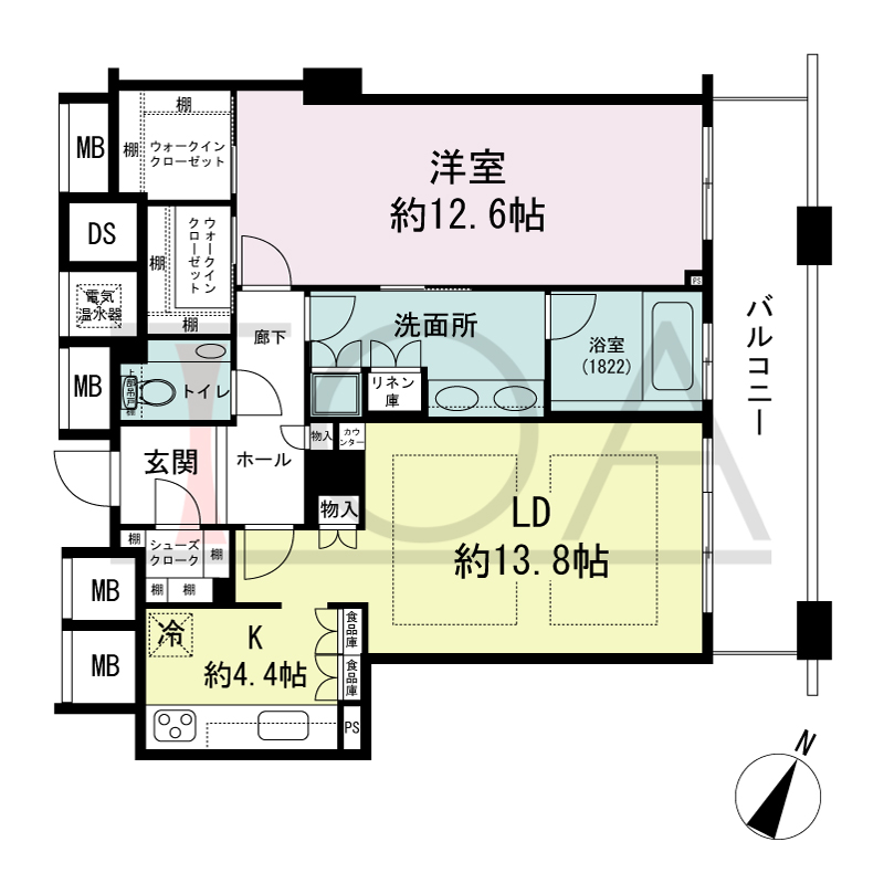 ザ・タワー大阪の間取り図 東向き 1LDK 専有面積82.26m2
バルコニー面積14.21m2